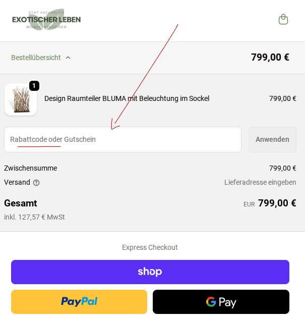 exotischer Leben Rabattcode einlösen