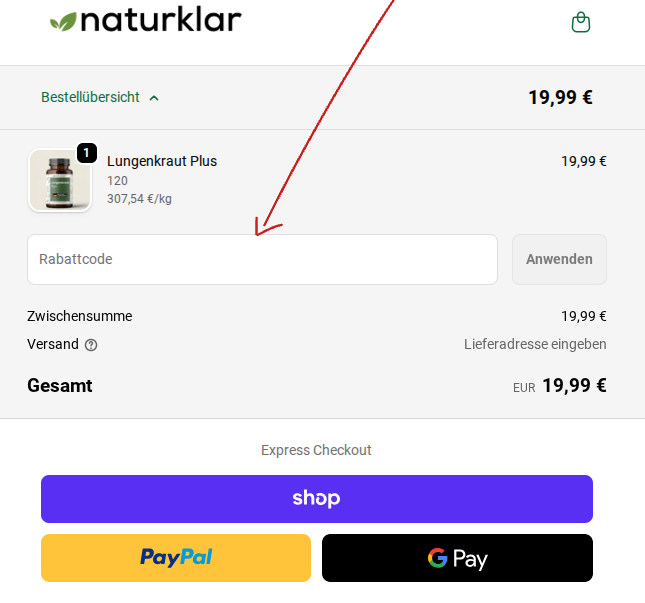 naturklar Rabattcode einlösen