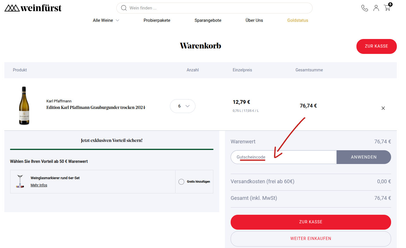 Rabattcode im Warenkorb einlösen