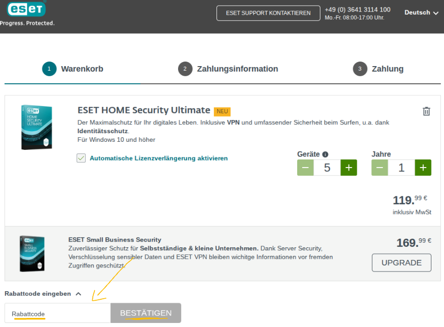 Rabattcode bei Eset einlösen.