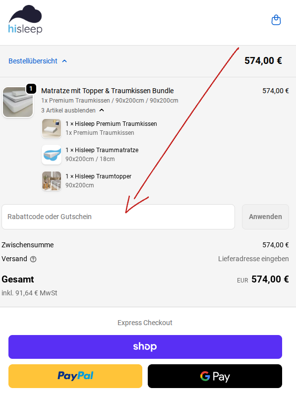 hisleep Rabattcode einlösen