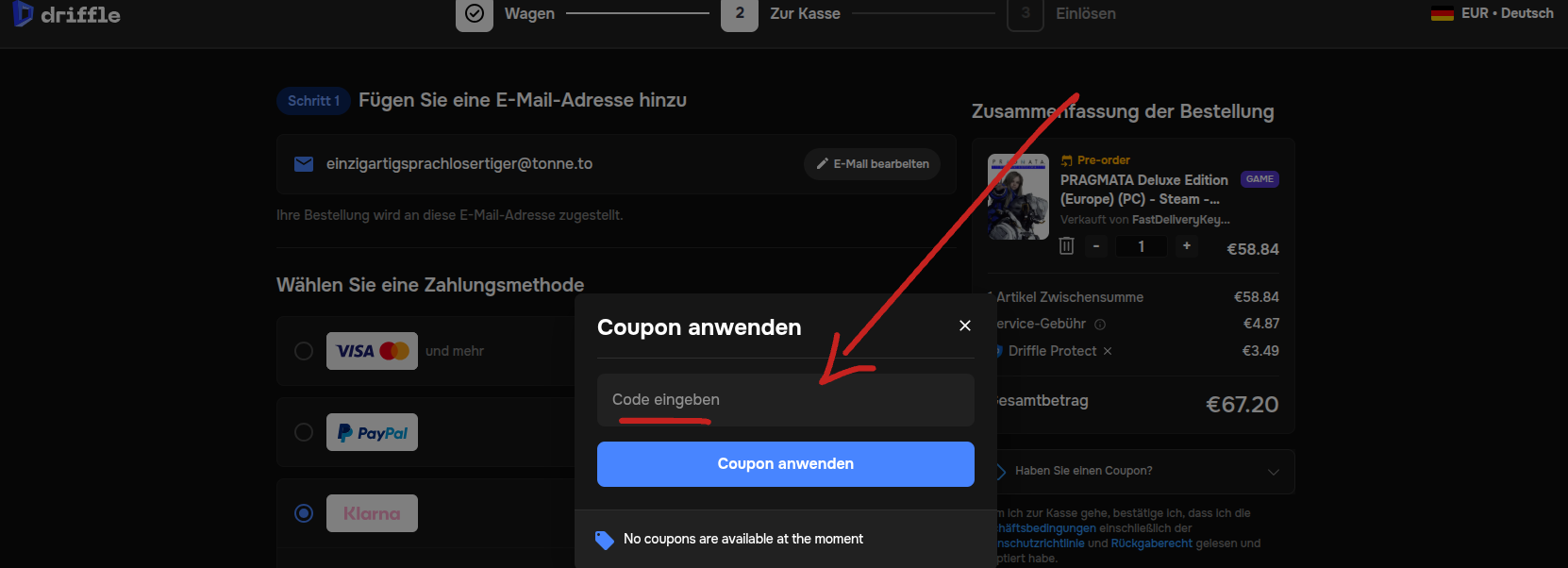 Driffle Code einlösen