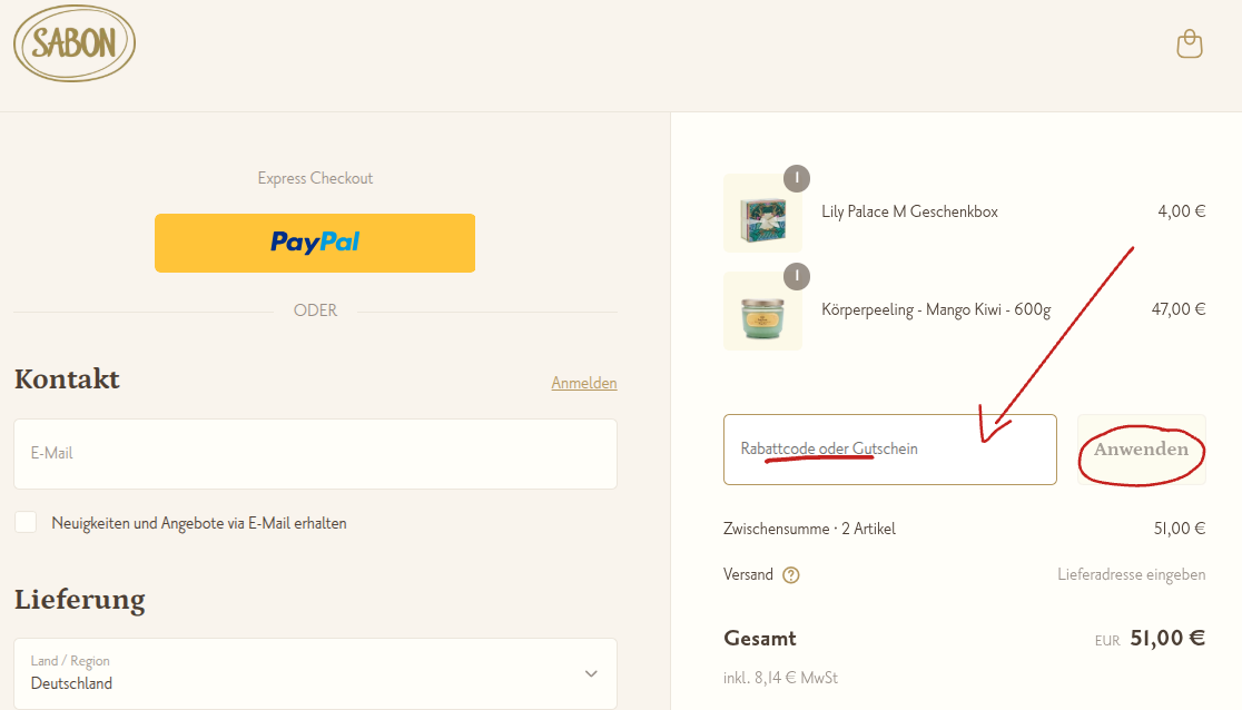 Rabattcode einlösen Sabon