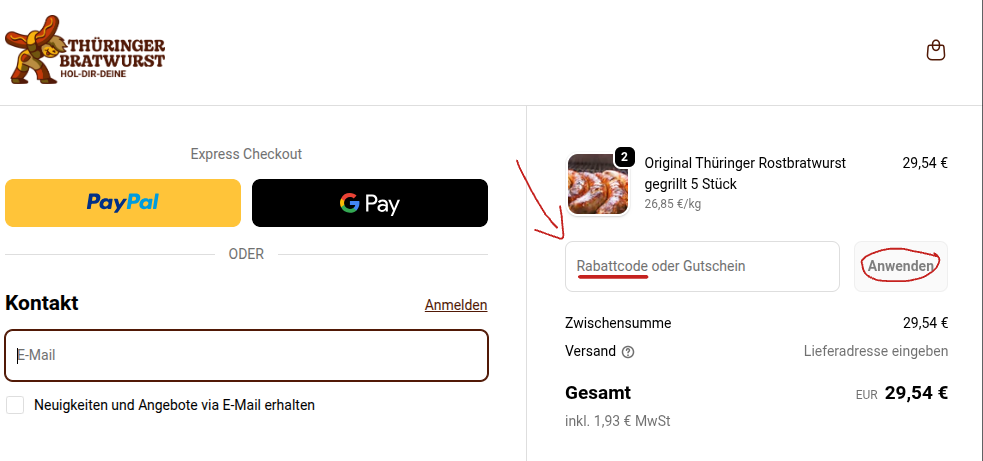 Rabattcode bei Thüringer Bratwurst einlösen