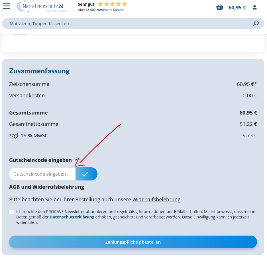 Matratzenschutz24 Rabattcode einlösen