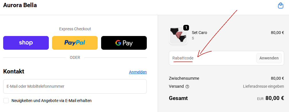 aurora bella rabattcode einlösen