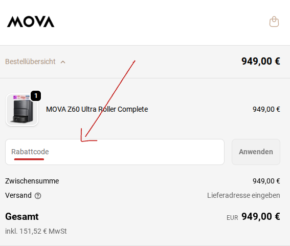 Rabattcode bei Mova einlösen