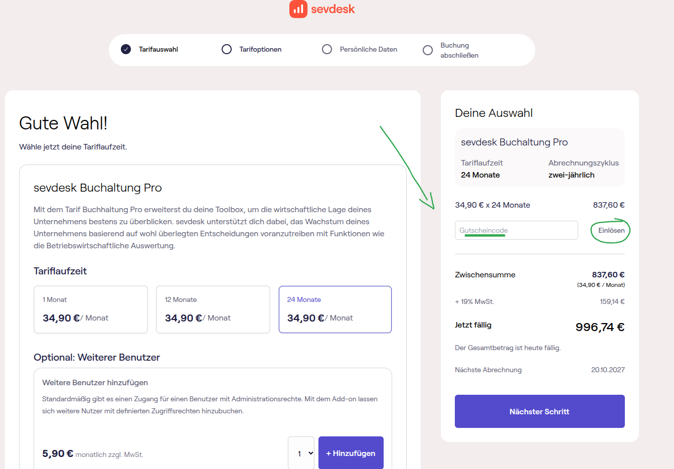 Rabattcode bei sevdesk einklösen