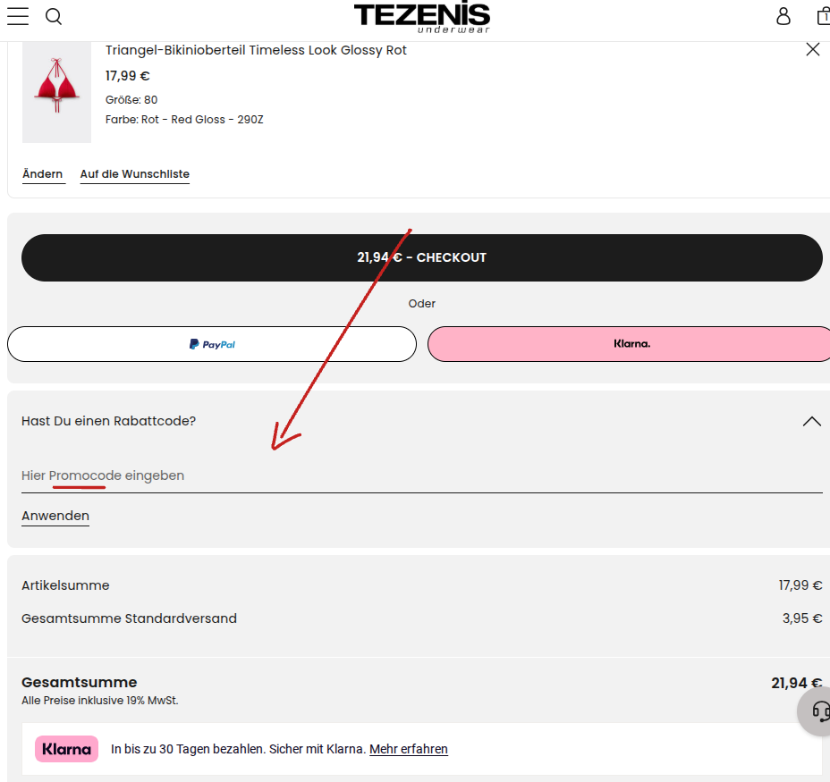 Tezenis Rabattcode einlösen