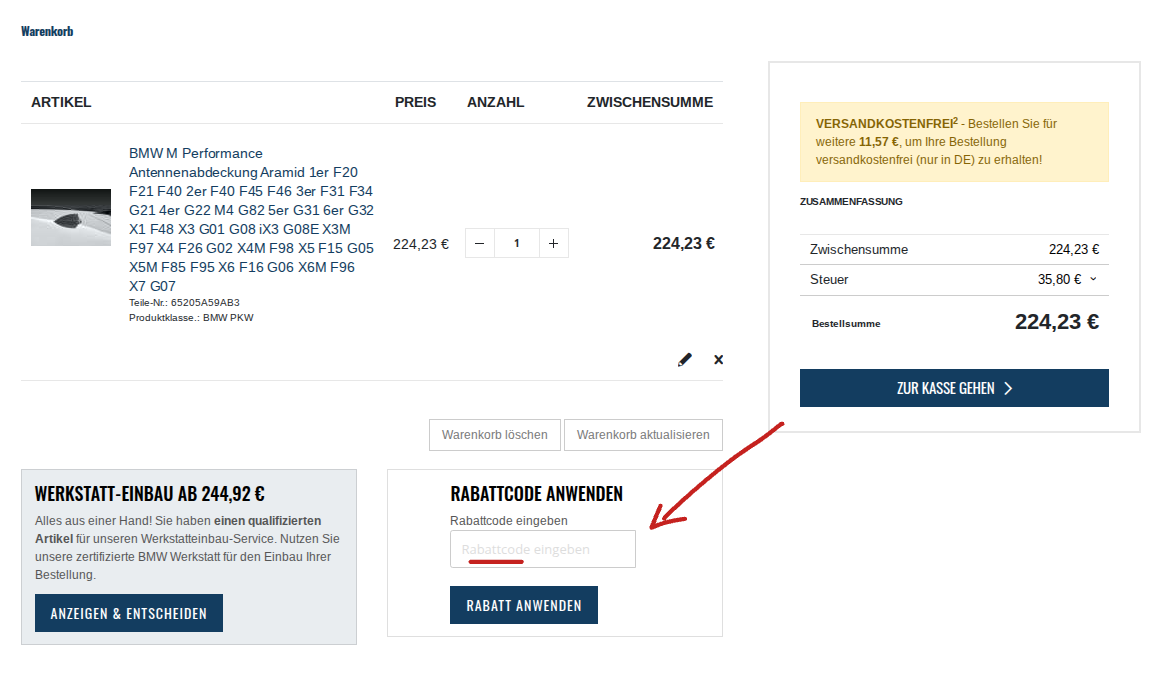 Rabattcode im Warenkorb einlösen