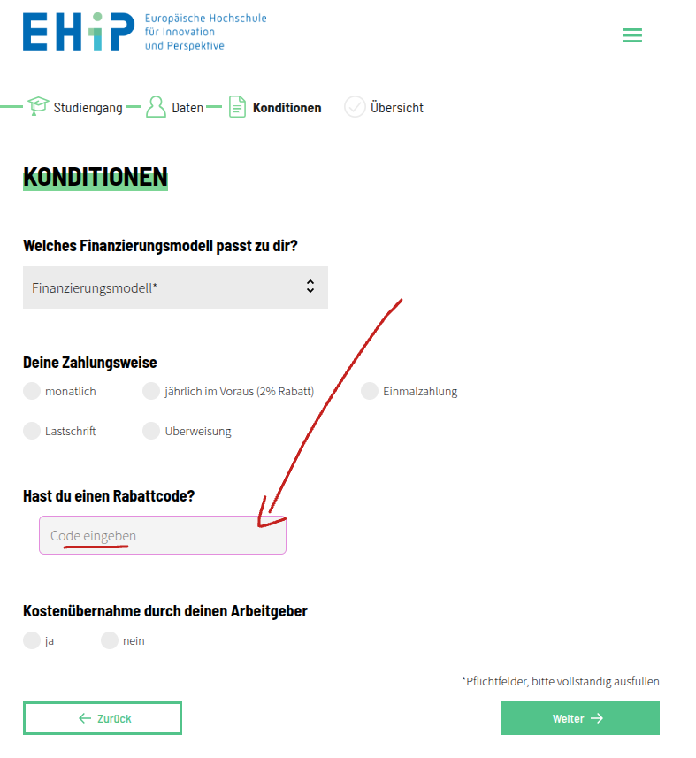 EHiP rabattcode einlösen