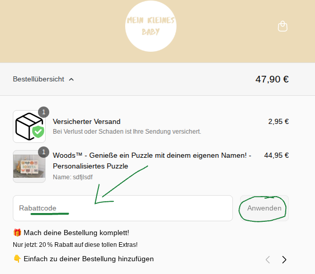 Rabattcode bei mein kleines baby einlösen.