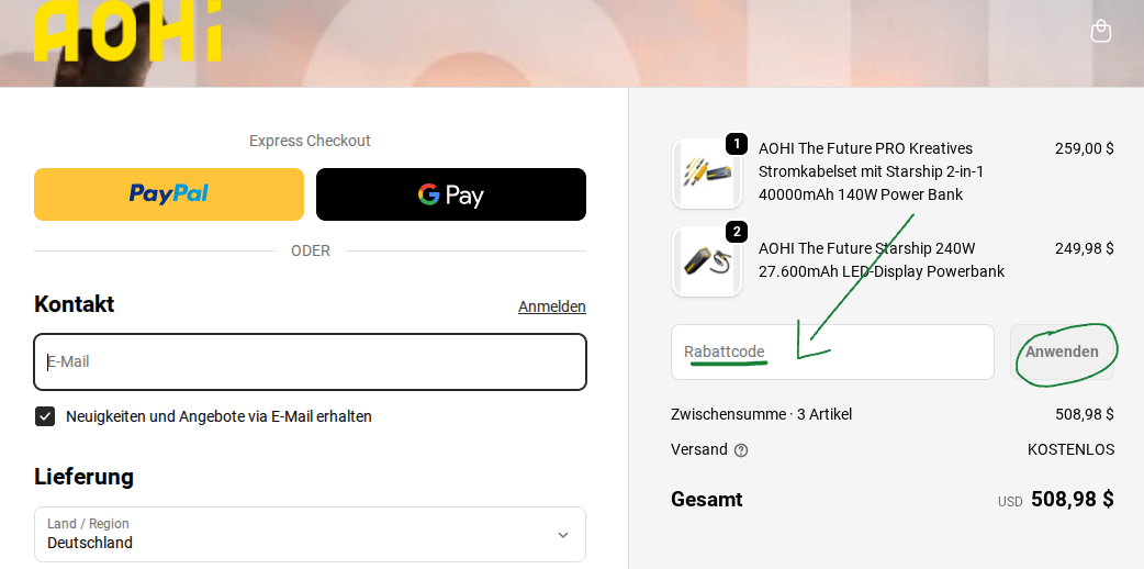 Rabattcode bei Aohi einlösen