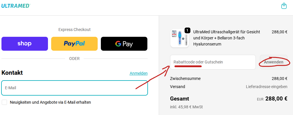 Rabattcode bei Ultramed einlösen