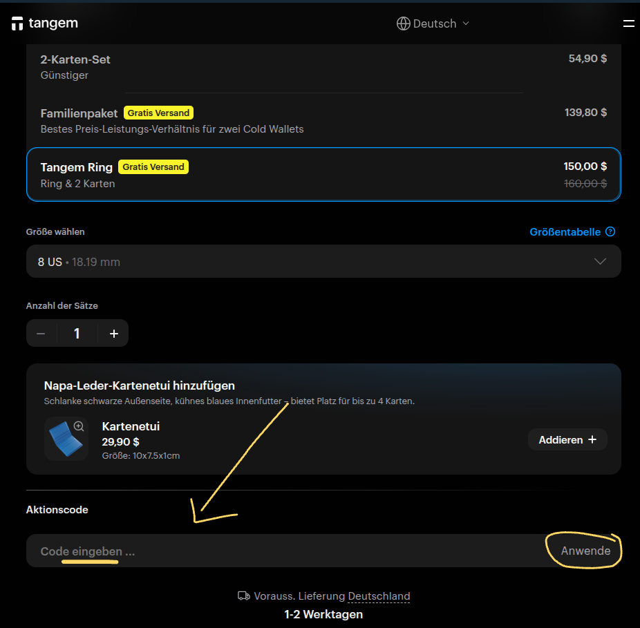 Rabattcode bei tangem einlösen