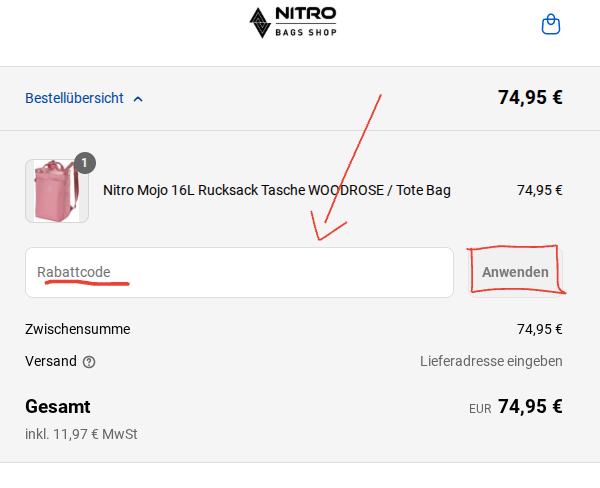 So löst man einen Rabattcode bei Nitro Bags