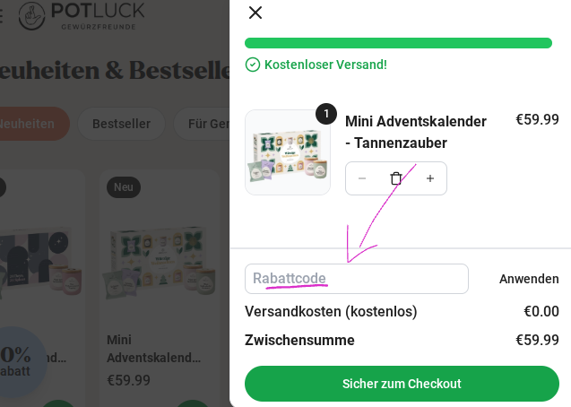 so lost man einen Gutscheincode bei Potluck.