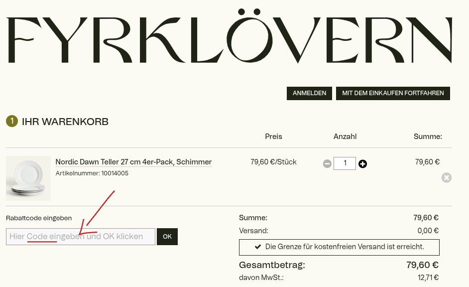 Rabattcode eingeben