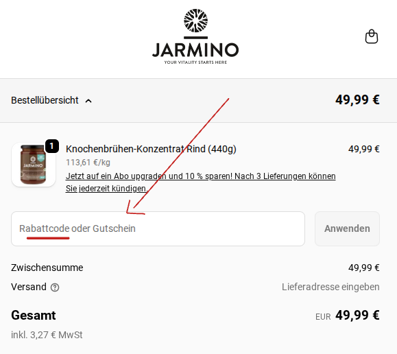 Gutschein bei Jarmino eingeben