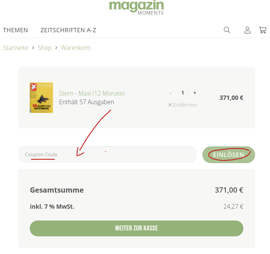 Rabattcode bei magazin Momemente einlösen