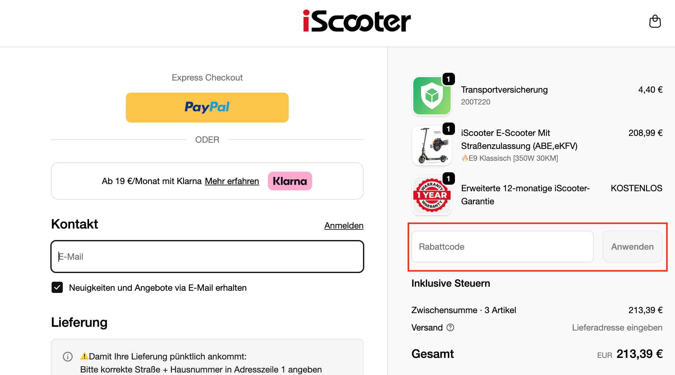 iscooter Gutschein einlösen