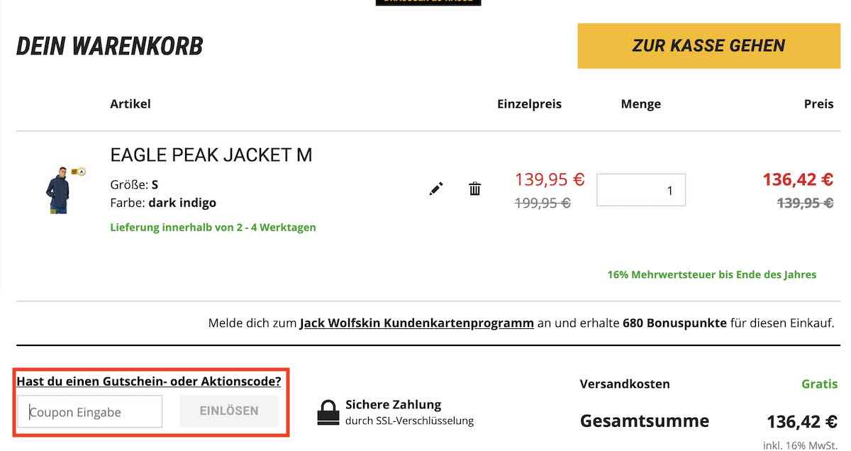 Jack Wolfskin Gutschein eingeben