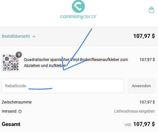 So löst man einen Rabattcode bei commomydecor.