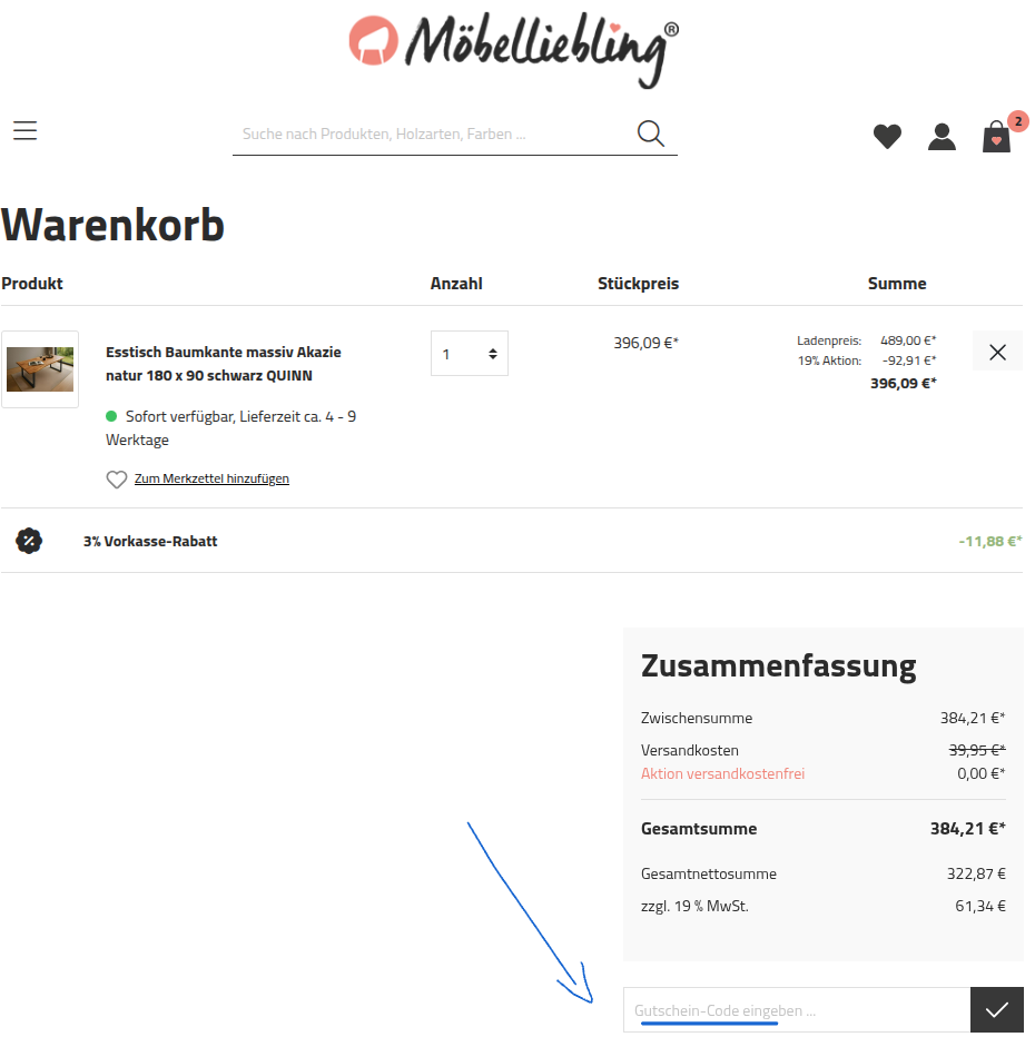 Rabattcode bei Möbelliebling einlösen