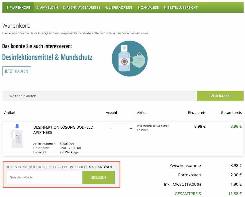 Bodfeld Apotheke Gutschein einlösen