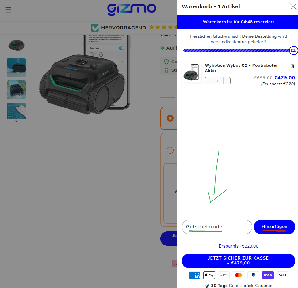 Rabattcode einfach bei gizmo einlösen.