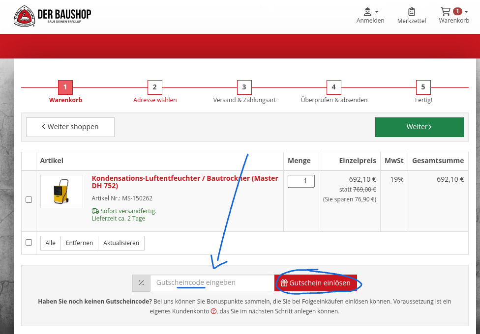 Der Baushop Rabattcode einlösen