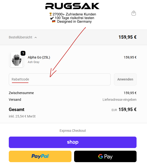 Rugsack Rabattcode einlösen