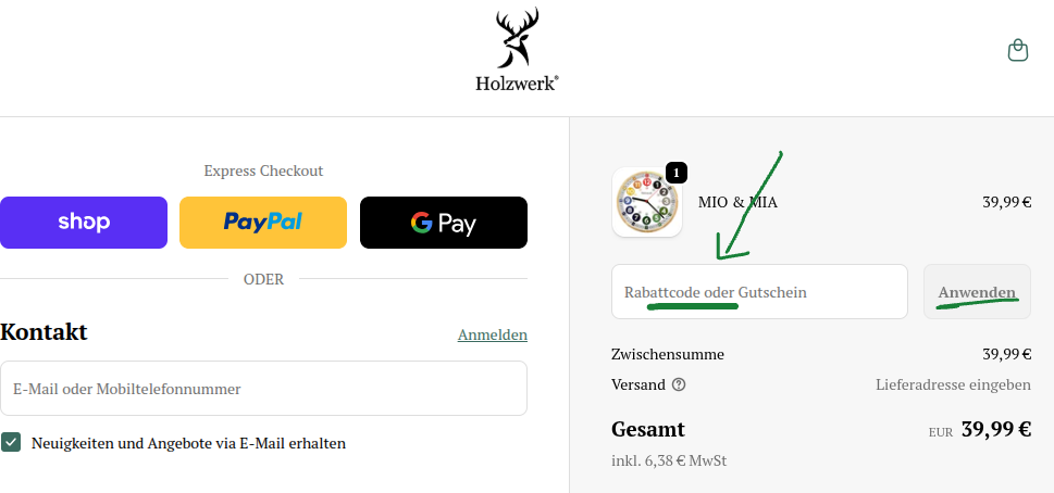 Rabattcode bei Holzwerk einlösen