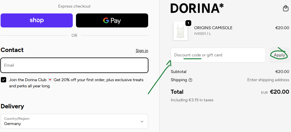 Rabattcode bei Dorina einlösen