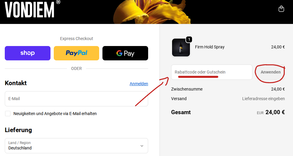 Rabattcode bei Vondiem einlösen
