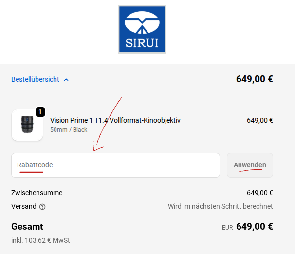 Rabattcode bei Sirui einlösen