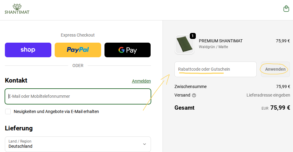 Shantimat beim Checkout Rabattcode einlösen