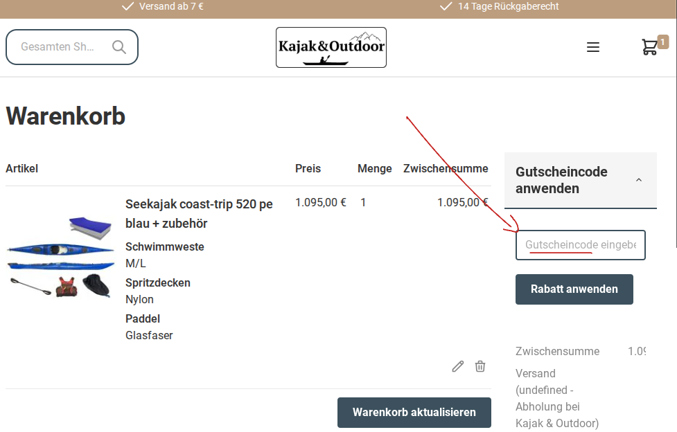 kajak & outdoor gutscheincode einlösen