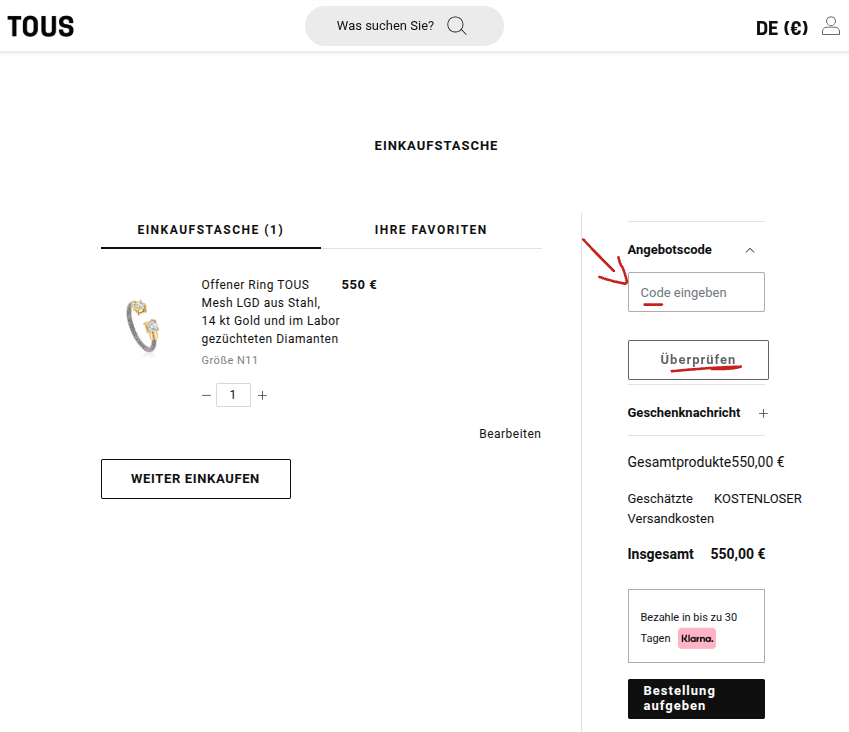 Rabattcode bei TOUS einlösen