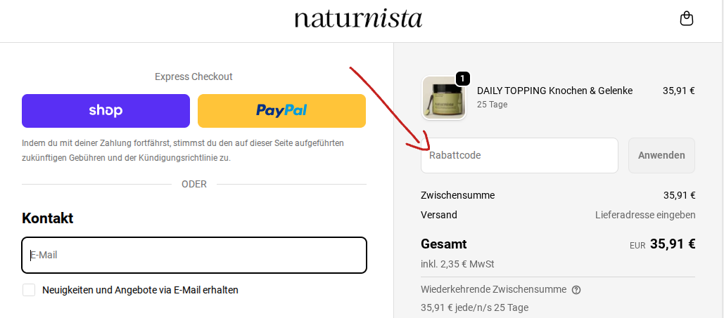 naturnista Rabattcode einlösen